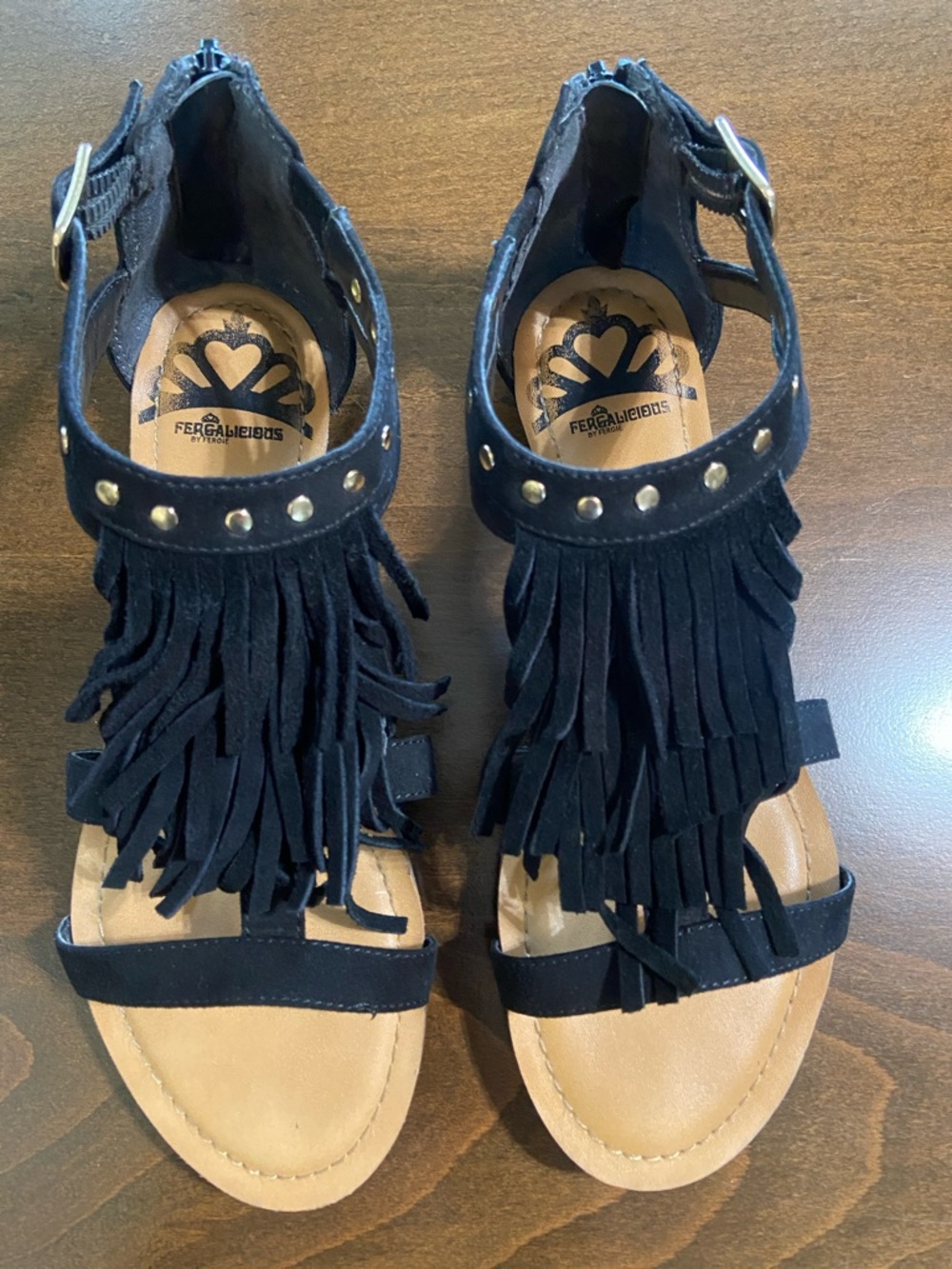Sale! Fergalicious Black Leather Fringe Gold Studded Gladiator Sandals, size 7M - Picture 4 of 14